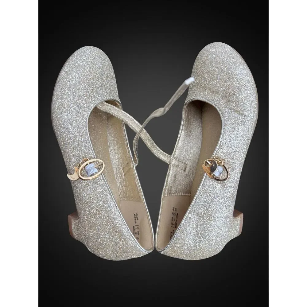Girls Gold Glitter Mary Jane Flats Buckle Strap Round Toe Low Block Heel US 1